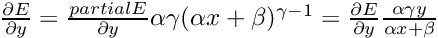 $ \frac{\partial E}{\partial y} = \frac{partial E}{\partial y} \alpha \gamma (\alpha x + \beta) ^ {\gamma - 1} = \frac{\partial E}{\partial y} \frac{\alpha \gamma y}{\alpha x + \beta} $