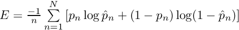 $ E = \frac{-1}{n} \sum\limits_{n=1}^N \left[ p_n \log \hat{p}_n + (1 - p_n) \log(1 - \hat{p}_n) \right] $