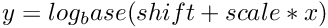 $ y = log_base(shift + scale * x) $