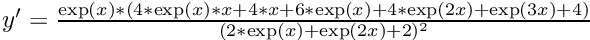 $ y' = \frac{\exp(x) * (4*\exp(x) * x + 4*x + 6*\exp(x) + 4*\exp(2x) + \exp(3x) + 4)}{(2*\exp(x) + \exp(2x) + 2)^2} $
