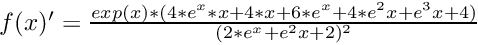 $ f(x)' = \frac{ exp(x) * (4*e^x * x + 4*x + 6*e^x + 4*e^2x + e^3x + 4) }{ (2*e^x + e^2x + 2)^2 } $